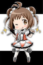  ;q antenna_hair bad_id bad_pixiv_id blush brown_eyes brown_hair double_bun elbow_gloves female gloves hair_bun idol kantai_collection looking_at_viewer naka_(kancolle) one_eye_closed open_mouth photoshop_(medium) school_uniform serafuku short_hair skirt smile solo syno tongue tongue_out 