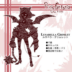  bobomaster commentary_request demon_tail female flail gauntlets lusabella_grimlet photoshop_(medium) pixiv_fantasia pixiv_fantasia_fallen_kings reference_sheet solo tail weapon wings 