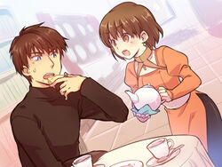  1boy atelier_(series) atelier_elie brown_eyes brown_hair cheesecake commentary_request crumbs cup dagllas_mcrain eating elfir_traum female food orange_shirt purple_eyes satomi_yoshitaka shirt short_hair teapot very_short_hair 