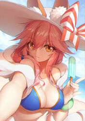  :3 animal_ears beach bikini bikini_top_only blue_bikini blue_sky blurry bow bracelet breasts cleavage closed_mouth commentary day depth_of_field dutch_angle ears_through_headwear eyes_visible_through_hair fate/grand_order fate_(series) female food fox_ears fox_shadow_puppet hair_between_eyes hair_over_shoulder hat hat_bow highres horizon jewelry large_breasts long_hair looking_at_viewer neko7 orange_eyes outdoors photoshop_(medium) pink_hair pinky_out popsicle reaching reaching_towards_viewer selfie sky solo sun_hat swimsuit tamamo_(fate) tamamo_no_mae_(swimsuit_lancer)_(fate) tamamo_no_mae_(swimsuit_lancer)_(third_ascension)_(fate) upper_body white_hat 