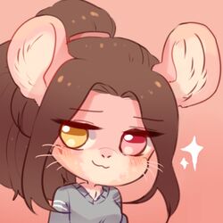  1:1 :3 anthro blush brown_hair chibi chinchilla chinchillid cinnamon_(sinamuna) clothing enamei female hair heterochromia icon long_hair low_res mammal ponytail rodent smile smirk smug solo sweater tattoo topwear 