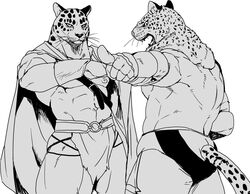  2016 5_fingers abs animal_head back_muscles baldric biceps cape clothed clothing crossover duo elbow_pads faceless_character faceless_male fangs felid fingerless_gloves fingers for_a_head fur gesture gloves guin guin_saga hand_gesture handwear humanoid jaguar king_(tekken) kmd023 leopard looking_at_viewer looking_back male mammal mask monochrome muscular muscular_male navel nipples open_mouth pantherine pecs pointing raised_arm sharp_teeth simple_background spots standing teeth tekken tongue topless underwear whiskers white_background wrestler 