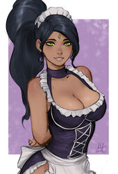  :d apron arms_behind_back black_hair breasts cleavage corset dark_skin earrings female forehead_jewel french_maid_nidalee green_eyes highres league_of_legends looking_at_viewer maid maid_apron maid_headdress medium_breasts mirco_cabbia nidalee ponytail smile solo waist_apron 