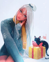  black_cat blue_eyes blue_sweater box christmas christmas_sweater colored_skin commentary dress english_commentary facial_mark feline female forehead_mark freckles gift gift_box hair_bun head_tilt lips lipstick long_hair looking_at_viewer makeup nima_(ross_tran) original photoshop_(medium) red_skin ross_tran scarf single_hair_bun sitting smile snow snowing solo_focus sweater sweater_dress white_hair yellow_scarf 