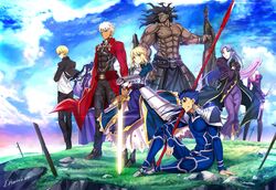  3girls 5boys abs absurdres ahoge aora archer_(fate) armor armored_dress artist_name artoria_pendragon_(fate) bad_id bad_twitter_id blonde_hair blue_eyes blue_hair bodysuit bracelet broken broken_sword broken_weapon cape closed_mouth commentary_request cu_chulainn_(fate) cu_chulainn_(fate/stay_night) day excalibur_(fate/stay_night) fate/stay_night fate_(series) field floating_hair full_body gae_bolg_(fate) gilgamesh_(fate) gilgamesh_(immoral_biker_jacket)_(fate) glowing glowing_sword glowing_weapon grey_eyes grin hand_on_own_chest hands_on_hilt heracles_(fate) highres jewelry katana light_blue_hair light_smile long_hair long_sleeves looking_away medea_(fate) medusa_(fate) medusa_(rider)_(fate) monohoshizao multiple_boys multiple_girls muscular nameless_dagger_(fate) official_alternate_costume on_grass on_ground ootachi outdoors over_shoulder own_hands_together parody parted_lips pauldrons pelvic_curtain pink_hair planted planted_sword pointy_ears polearm red_cape red_eyes rock saber_(fate) sasaki_kojirou_(fate) short_hair shoulder_armor shrug_(clothing) sidelocks sitting smile spear standing style_parody sword sword_over_shoulder takeuchi_takashi_(style) waist_cape weapon weapon_over_shoulder white_hair yellow_eyes 