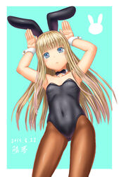  2015 animal_ears black_bow black_leotard blonde_hair blue_eyes bow bowtie commentary_request covered_navel detached_collar female from_below leotard long_hair original pantyhose playboy_bunny rabbit_ears rabbit_pose sabamu solo strapless strapless_leotard wrist_cuffs 