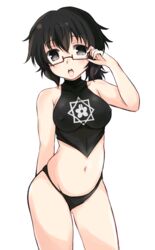  abenattou adjusting_eyewear arm_behind_back bad_id bad_pixiv_id bikini black_bikini black_eyes black_hair blush chinese_clothes commentary_request dudou emblem female girls_und_panzer glasses halterneck looking_at_viewer messy_hair midriff navel open_mouth oryou_(girls_und_panzer) red-framed_eyewear sakamoto_clan_(emblem) semi-rimless_eyewear short_hair solo standing swimsuit under-rim_eyewear white_background 