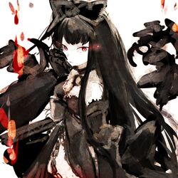  abyssal_ship bad_id bad_twitter_id black_bow black_hair bow chains choker claws female fire glowing glowing_eyes gothic_lolita hairbow hand_on_own_cheek hand_on_own_face kantai_collection lolita_fashion long_hair red_eyes seaplane_tender_princess simple_background solo spikes watanabe_(spz109) white_background 