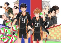  6+boys absurdres azumane_asahi bad_id bad_pixiv_id bald ball black_hair blonde_hair brown_eyes buzz_cut clothes_writing commentary_request elbow_pads facial_hair glasses green_eyes grey_eyes grey_hair haikyuu!! hair_between_eyes half_updo hand_on_own_hip highres hinata_shouyou holding holding_ball jacket jacket_on_shoulders kageyama_tobio karasuno_volleyball_uniform looking_at_viewer looking_away male_focus multicolored_hair multiple_boys nashimura nishinoya_yuu open_mouth orange_eyes orange_hair profile purple_eyes red_eyes sawamura_daichi short_hair short_sleeves shorts sleeves_pushed_up smile sportswear standing sugawara_koushi sweat tanaka_ryuunosuke tsukishima_kei two-tone_hair very_short_hair volleyball volleyball_(object) volleyball_net volleyball_uniform yamaguchi_tadashi 