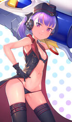  absurdres arm_up armpits bad_id bad_pixiv_id bare_shoulders bikini black_gloves black_hat black_thighhighs breasts carrying_over_shoulder coat commentary cowboy_shot en@rain fate/grand_order fate_(series) female garrison_cap gloves hand_on_own_hip hat headphones helena_blavatsky_(fate) helena_blavatsky_(swimsuit_archer)_(fate) helena_blavatsky_(swimsuit_archer)_(third_ascension)_(fate) highres holding holding_weapon looking_at_viewer navel open_clothes open_coat over_shoulder polka_dot polka_dot_background ponytail purple_eyes purple_hair short_hair side_ponytail sleeveless sleeveless_coat small_breasts smile solo swimsuit thighhighs weapon weapon_over_shoulder white_background 