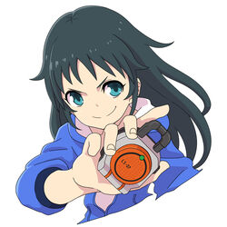  aqua_eyes bad_id bad_pixiv_id black_hair cosplay female food fruit hood hooded_jacket idolmaster idolmaster_cinderella_girls jacket kamen_rider kamen_rider_gaim_(series) kazuraba_kouta kazuraba_kouta_(cosplay) lock_seed long_hair nanjo_hikaru nash_(na-si) orange_(fruit) smirk solo 