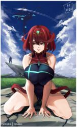  1boy breasts female homura_(xenoblade_2) large_breasts nintendo red_eyes red_hair rex_(xenoblade_2) swimsuit xenoblade xenoblade_(series) xenoblade_2 