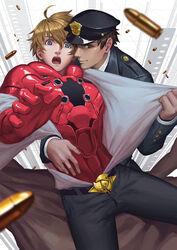  2boys ahoge belt black_hair blue_eyes brown_eyes brown_hair bullet commentary_request gotou_hidenori hat hazama_masayoshi male_focus multiple_boys peaked_cap penguin_frontier photoshop_(medium) police police_hat police_uniform samurai_flamenco samurai_flamenco_(character) shell_casing undressing uniform yaoi 