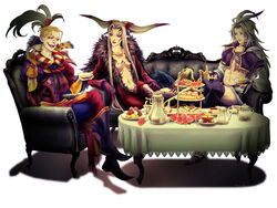  2boys blonde_hair cefca_palazzo couch female final_fantasy final_fantasy_ix final_fantasy_vi final_fantasy_viii food grey_hair guernica kuja multiple_boys sitting ultimecia 