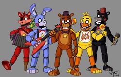  2018 animatronic anthro avian bear bird canid canine chicken digital_media_(artwork) electronics ellieyo404 five_nights_at_freddy&#039;s flying_v fox freddy_fazbear&#039;s_pizzeria_simulator galliform gallus_(genus) guitar hi_res lagomorph lefty_(fnaf) leporid machine male mammal microphone musical_instrument parrot phasianid plucked_string_instrument rabbit robot rockstar_bonnie_(fnaf) rockstar_chica_(fnaf) rockstar_foxy_(fnaf) rockstar_freddy_(fnaf) scottgames string_instrument 