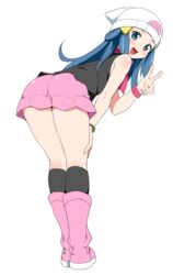  ass bad_id bad_twitter_id beanie black_socks blue_eyes blue_hair blush boots bracelet dawn_(pokemon) endou_masatoshi female from_behind full_body hat jewelry kneehighs kneepits leaning_forward long_hair looking_at_viewer looking_back miniskirt pink_footwear pokemon pokemon_dppt scarf skirt sleeveless socks solo v white_background 