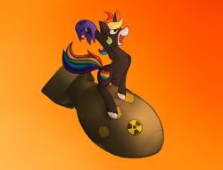  2016 ambiguous_gender digital_media_(artwork) dr._strangelove_or:_how_i_learned_to_stop_worrying_and_love_the_bomb equid equine falling fan_character fat_man_(explosive) feral hasbro hazard_symbol hazard_symbol_print heart_on_body heart_symbol hi_res horse mammal marsminer my_little_pony nuke orange_background pony print_weapon radiation_symbol radiation_symbol_print rainbow_heart rainbow_heart_(character) simple_background solo straddling symbol weapon 