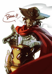  1boy ammunition armor bang_(gesture) beard belt brown_hair cape cassidy_(overwatch) cigar commentary cowboy_hat cowboy_western et.m facial_hair finger_gun gun handgun hat holster male_focus mechanical_arms moustache mouth_hold overwatch overwatch_1 pants photoshop_(medium) pointing poncho red_cape revolver simple_background single_mechanical_arm smoke smoking solo speech_bubble torn_clothes torn_hat upper_body weapon 