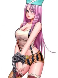  alone breasts chains cleavage female female hat jewelry_bonney lipstick long_hair one_piece pink_hair purple_eyes solo white_background 