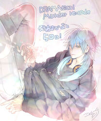  1boy black_shirt blue_hair copyright_name countdown dramatical_murder floating headphones headphones_around_neck hood hoodie long_hair looking_at_viewer male_focus nitro+_chiral off_shoulder parted_lips seragaki_aoba shirt signature sinov_mimori solo t-shirt yellow_eyes 