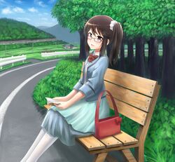  alternate_hairstyle bag bench black_eyes black_hair blush book commentary_request day female glasses handbag holding holding_book ichijou_hotaru looking_at_viewer medium_hair non_non_biyori open_mouth outdoors pantyhose road scrunchie side_ponytail sitting smile solo tooi_aoiro tree white_pantyhose white_scrunchie 