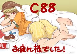  animal_ears ass barefoot brown_hair candy commentary_request convention_greeting doughnut feet female flat_cap floppy_ears food hat iromeki_overdrive legs_up lying on_stomach orange_shirt pillow rabbit_ears rabbit_tail red_eyes ringo_(touhou) shirt short_hair shorts soles solo tail the_pose toes touhou wavy_mouth 