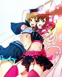  2girls animal_ears asterisk_(idolmaster) brown_hair cat_ears cat_tail commentary_request garter_straps green_eyes idolmaster idolmaster_cinderella_girls maekawa_miku midriff multiple_girls navel nironiro oerba_yun_fang open_mouth over_the_collar_(idolmaster) short_hair skirt smile tada_riina tail thighhighs 