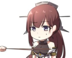  bad_id bad_pixiv_id bare_shoulders brown_hair chibi female hair_ornament long_hair lulu_heika nagato_(warship_girls_r) purple_eyes raised_eyebrow solo strap_pull sweatdrop very_long_hair warship_girls_r 