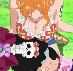  2boys black_hair blush breasts brook cleavage closed_eyes dressrosa female from_above jewelry large_breasts long_hair momonosuke_(one_piece) multiple_boys nami nami_(one_piece) necklace one_piece orange_hair sandals screencap skeleton stitched tattoo thousand_sunny 