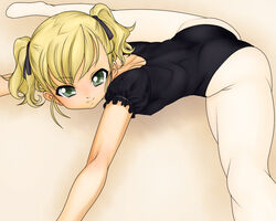  ass blonde_hair blush commentary_request female flexible green_eyes hair_ornament leotard lying nurugamer-kouyouju on_floor on_stomach original pantyhose smile solo split straddle_split twintails white_pantyhose 