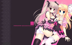  2girls black_legwear black_outfit black_socks breast_grab breasts duo female groping highres indico_lite kiddy_grade lingerie mitha multiple_girls panties pink_outfit socks thighhighs underwear white_legwear white_socks yuri 