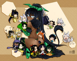  6+girls animal_ears antaria ass black_eyes black_hair blue_eyes blush character_request chi_you chibi chinese_clothes chinese_mythology chinese_text closed_eyes commentary dark-skinned_female dark_skin green_eyes hair_ornament hand_fan heart highres journey_to_the_west looking_back multiple_girls no_pupils open_mouth photoshop_(medium) smile tail tie_shan_gongzhu tiger_tail tongue translated yellow_eyes yin_yang yu_mian_gongzhu 