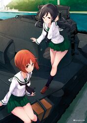  2girls adjusting_hair anglerfish black_eyes black_hair black_socks brown_eyes brown_hair emblem fish girls_und_panzer green_skirt isuzu_hana long_hair long_sleeves looking_at_viewer military military_vehicle mille_(dieci) miniskirt motor_vehicle multiple_girls neckerchief nishizumi_miho on_vehicle ooarai_school_uniform panzer_iv pleated_skirt school_uniform serafuku short_hair sitting skirt socks standing tank wind 