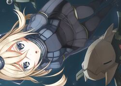  anorith blonde_hair blue_eyes commentary_request cropped_jacket crossover female garrison_cap hat kantai_collection long_sleeves military military_uniform pokemon pokemon_(creature) puffy_long_sleeves puffy_sleeves relicanth seramikku swimsuit swimsuit_under_clothes u-511_(kancolle) underwater uniform 