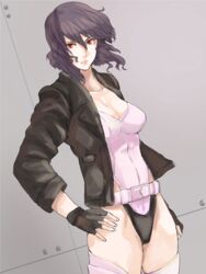  belt breasts cleavage commentary_request female fingerless_gloves ghost_in_the_shell ghost_in_the_shell_stand_alone_complex gloves hand_on_own_hip jacket kusanagi_motoko large_breasts leotard looking_at_viewer ogros orange_eyes purple_hair solo thighhighs 