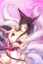  :p ahri_(league_of_legends) animal_ears bare_shoulders between_breasts black_hair breasts brown_eyes candy chocolate cleavage commentary covered_navel dated facial_mark female food food_on_face fox_ears fox_tail garter_belt heart heart-shaped_chocolate highres large_breasts league_of_legends loiza long_hair multiple_tails paw_pose photoshop_(medium) signature solo tail tongue tongue_out 