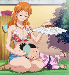  1boy age_difference bikini_top breasts cleavage closed_eyes dressrosa fan female japanese_clothes momonosuke_(one_piece) nami nami_(one_piece) one_piece screencap shorts stitched thousand_sunny 