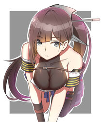  all_fours asymmetrical_bangs bad_id bad_pixiv_id bare_shoulders breasts brown_hair eyes_visible_through_hair female grey_eyes hair_ornament highres long_hair looking_at_viewer lulu_heika medium_breasts nagato_(warship_girls_r) ponytail single_thighhigh skindentation solo strap thighhighs very_long_hair warship_girls_r 