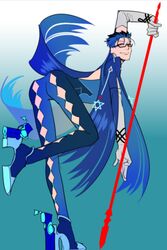  1boy bayonetta bayonetta_(cosplay) bayonetta_(series) bayonetta_2 blue_hair commentary_request cosplay cu_chulainn_(fate) cu_chulainn_(fate/stay_night) fate/stay_night fate_(series) gae_bolg_(fate) glasses hexagram highres male_focus polearm rui_(o-rui) solo spear weapon 