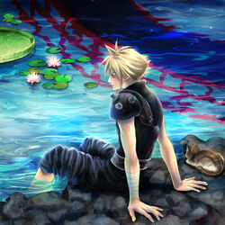  1boy blonde_hair cloud_strife feline final_fantasy final_fantasy_vii guernica male male_focus sitting solo water 