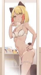  absurdres animal_ears bare_shoulders bikini_tan blonde_girl_(cloba) blonde_hair blush bra breasts cloba closed_mouth commentary_request female hand_on_own_cheek hand_on_own_face hand_on_own_hip highres indoors light_frown looking_at_mirror looking_at_viewer mirror multicolored_hair navel original panties panty_pull small_breasts solo standing tail tan tanlines underwear underwear_only white_bra white_panties yellow_eyes 