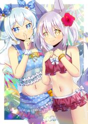  2girls animal_ear_fluff animal_ears bangle bare_arms bare_shoulders bikini blue_bikini blue_eyes bow bracelet brown_eyes character_request closed_mouth commentary_request commission crossover finger_to_mouth flower frilled_bikini frills grey_hair groin hair_flower hair_ornament hand_up irotoridori_no_sekai jewelry kou_hiyoyo layered_bikini multiple_girls navel ongeki polka_dot polka_dot_bikini red_bow red_flower scrunchie shushing skeb_commission smile suzushima_arisu swimsuit twintails wrist_scrunchie 