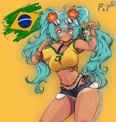  alternate_breast_size aqua_eyes aqua_hair bikini blue_bikini bracelet brazilian_flag brazilian_flag_print brazilian_miku breasts can closed_mouth denim denim_shorts drink_can earrings eyebrows_hidden_by_hair feet_out_of_frame female fotanimaciones guarana_antarctica hair_between_eyes hatsune_miku highres holding holding_can jersey jewelry large_breasts light_blush lipstick long_hair looking_at_viewer makeup navel opening_can portuguese_text shirt short_shorts shorts simple_background smile soda_can solo stomach swimsuit twintails very_long_hair vocaloid yellow_shirt 