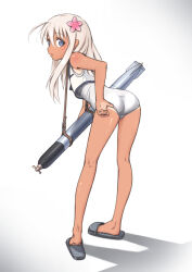  adjusting_clothes adjusting_swimsuit ahoge alternate_color ass blonde_hair blue_eyes blue_sailor_collar commentary cropped_shirt female flower from_behind full_body hair_flower hair_ornament highres kantai_collection kneepits leaning_forward long_hair looking_at_viewer one-piece_swimsuit one-piece_tan open_mouth pink_flower ro-500_(kancolle) sailor_collar sandals school_swimsuit shadow shirt shoulder_strap sidelocks simple_background sleeveless sleeveless_shirt solo swimsuit tan tanlines tetsuryuu torpedo turning_head white_background white_one-piece_swimsuit 