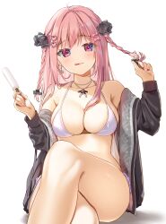  :q bare_shoulders between_breasts bikini black_jacket blush braid breasts cleavage collarbone crossed_legs earrings female food hair_between_breasts hair_ornament heart heart_hair_ornament highres holding holding_food holding_popsicle jacket jewelry long_hair long_sleeves looking_at_viewer medium_breasts necklace off_shoulder original pink_eyes pink_hair pink_nails popsicle ring side-tie_bikini_bottom sideboob simple_background sitting swimsuit tojo_(natumi1412) tongue tongue_out twin_braids twirling_hair white_background white_bikini 