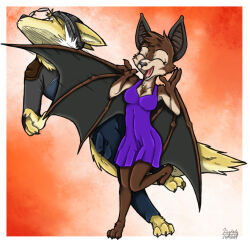  anthro bad_guy_cafe bat brown_body brown_fur canid canine canis clothing duo eyewear female fur glasses hat headgear headwear hybrid male mammal smile sully_kerrigan tan_body tan_fur wings wolf xavior ziegelzeig 