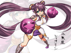  armor bloomers breasts character_name chinese_clothes female fighting_stance gloves green_eyes highres ikeasuka large_breasts long_hair purple_bloomers purple_footwear purple_hair saint_seiya saint_seiya:_rising_cosmo shoulder_pads solo standing tongue tongue_out twintails ursa_minor_xiaoling_(saint_seiya:_rising_cosmo) 