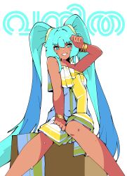  absurdres alternate_costume aqua_eyes aqua_hair aqua_nails archives.gokulism arm_up bare_shoulders box bracelet bright_pupils dress feet_out_of_frame female hatsune_miku highres jewelry long_hair looking_at_viewer multiple_bracelets sitting solo strapless strapless_dress sweat twintails very_long_hair vocaloid white_pupils 