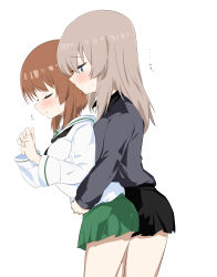  2girls absurdres black_skirt blush brown_hair chaarai closed_eyes closed_mouth commentary_request cowboy_shot from_side girls_und_panzer green_skirt grey_eyes grey_hair grey_jacket highres itsumi_erika jacket jewelry kuromorimine_school_uniform long_hair long_sleeves medium_hair multiple_girls nishizumi_miho ooarai_school_uniform pleated_skirt ring sailor_collar school_uniform serafuku shirt simple_background skirt sweatdrop wedding_ring white_background white_sailor_collar white_shirt yuri 