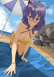  beach beach_mat beach_umbrella bikini blush bracelet breasts crawling double-parted_bangs eiyuu_densetsu embarrassed female hair_between_eyes huge_breasts jewelry kai_no_kiseki kuro_no_kiseki_(series) large_breasts looking_at_viewer outdoors purple_eyes purple_hair rixia_mao rock sidelocks smile solo swimsuit umbrella yf_studio 